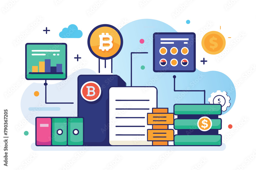 Poster a stack of books with a bitcoin resting on top, symbolizing digital currency and knowledge, bitcoin 