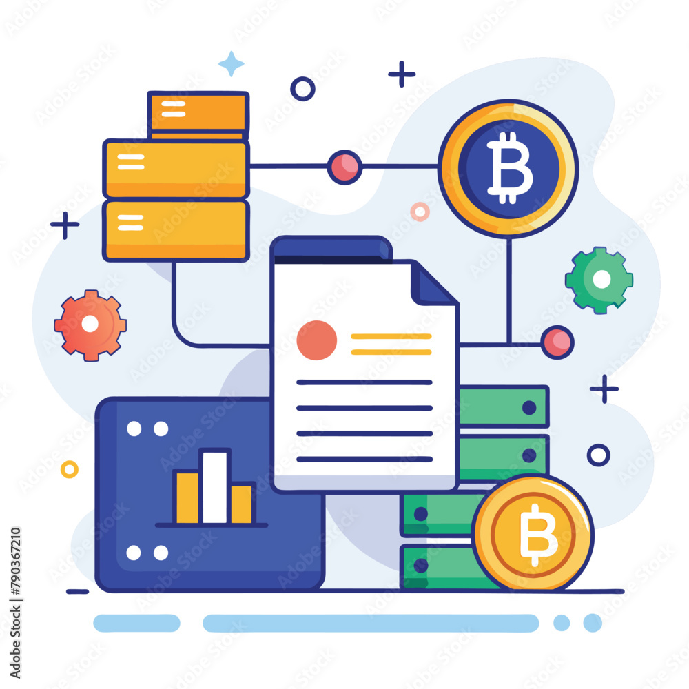 Poster stack of coin stacks with bitcoin paper, bitcoin data and document storage, simple and minimalist fl