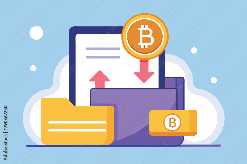 Poster a file with a bitcoin symbol emerging from it, depicting digital currency downloading concept, bitco