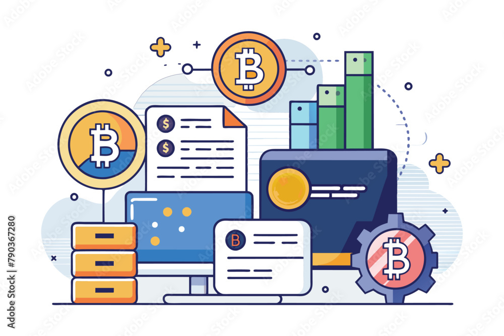 Poster stack of various coins with bitcoins scattered around them in a close-up shot, bitcoin data and docu