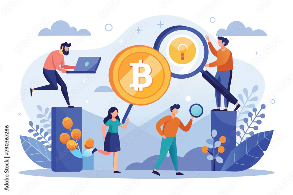 Poster several individuals inspect a bitcoin using a magnifying glass in a simple and minimalist setting, b