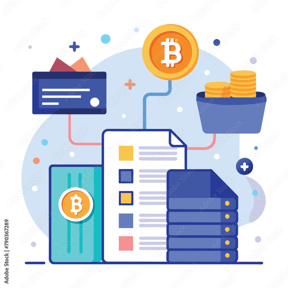Poster stack of coins next to stack of folders, bitcoin data and document storage, simple and minimalist fl
