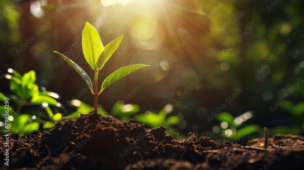 Poster seedling are growing in the soil with sunlight.the world wide platform to plant trees.planting trees