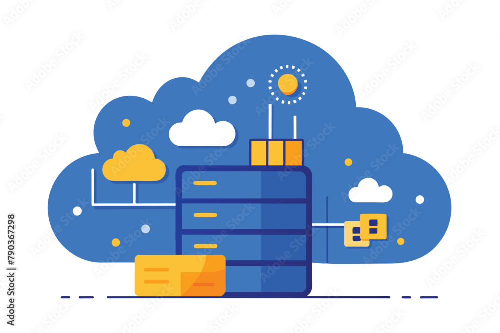 Poster a blue cloud with a stack of boxes and a sun on top of it, blue color vector with cloud storage conc