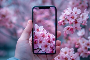 A hand holding a cell phone shows a photo of pink flowers on a background of flowers. - Powered by Adobe