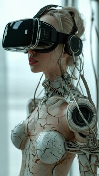 sequence of porcelain female statue dolls with avr headsets made with AI
