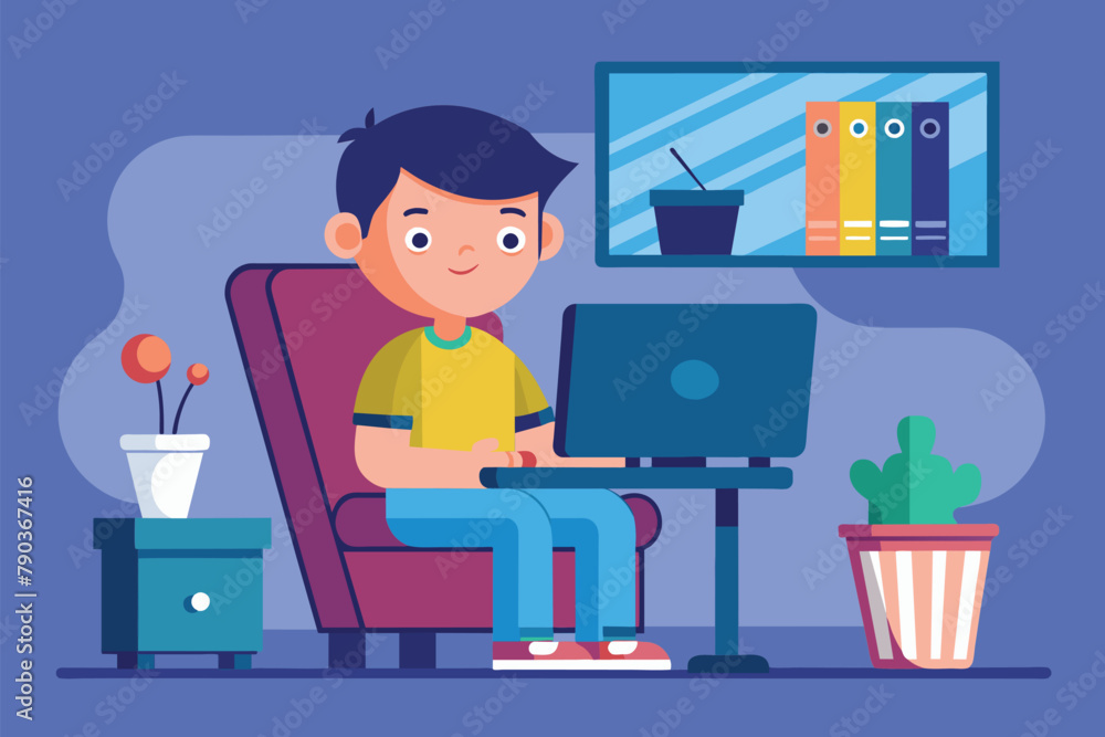 Poster a man sitting in a chair and using a laptop computer to work or browse the internet, boy is playing 