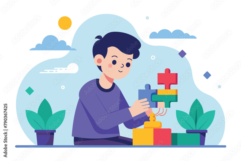 Poster a man carefully stacks and balances blocks to create a tower in a simple and minimal setting, boy un