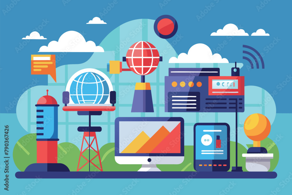 Poster a flat design filled with a plethora of different objects and elements in a minimalist style, broadc