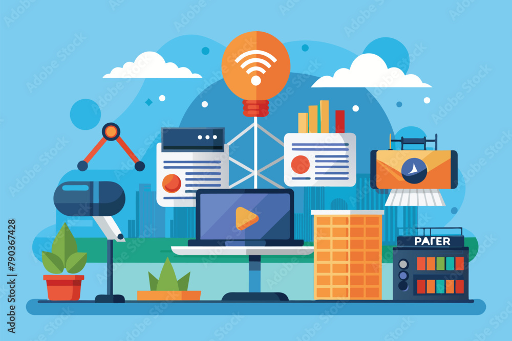 Aufkleber flat design of a computer with a multitude of objects surrounding it, showcasing a busy and diverse 