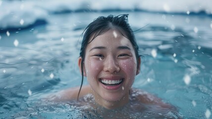Fototapeta na wymiar Happy young woman in the water - A joyful young Asian woman smiling as she enjoys her time in the water
