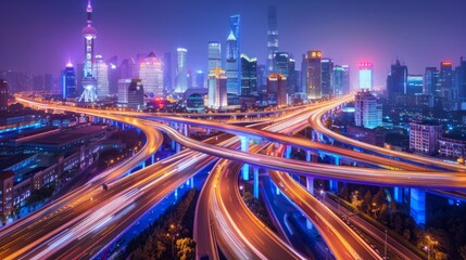 Fototapeta premium Shanghai elevated road junction and interchange overpass at night, Shanghai China