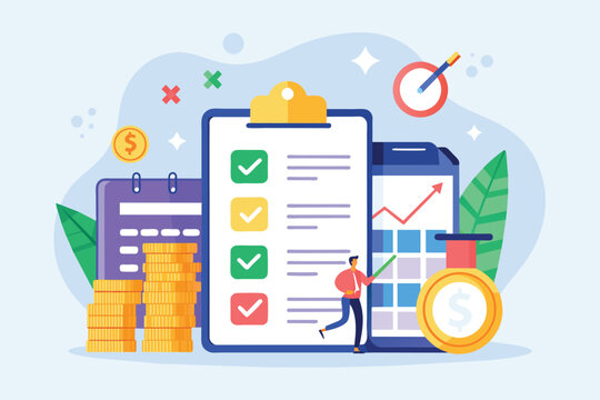 A person standing next to a clipboard with a checklist on it, indicating budget planning activity, budget planning, Simple and minimalist flat Vector Illustration