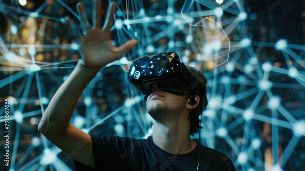 Poster person using vr headset with glowing connections - a person with a virtual reality headset is surrou