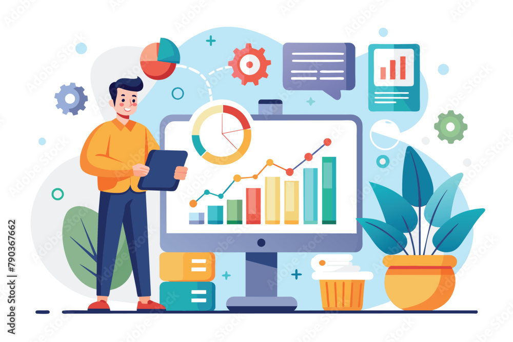 Poster a man standing in front of a computer screen, analyzing business data, business data analysis, simpl
