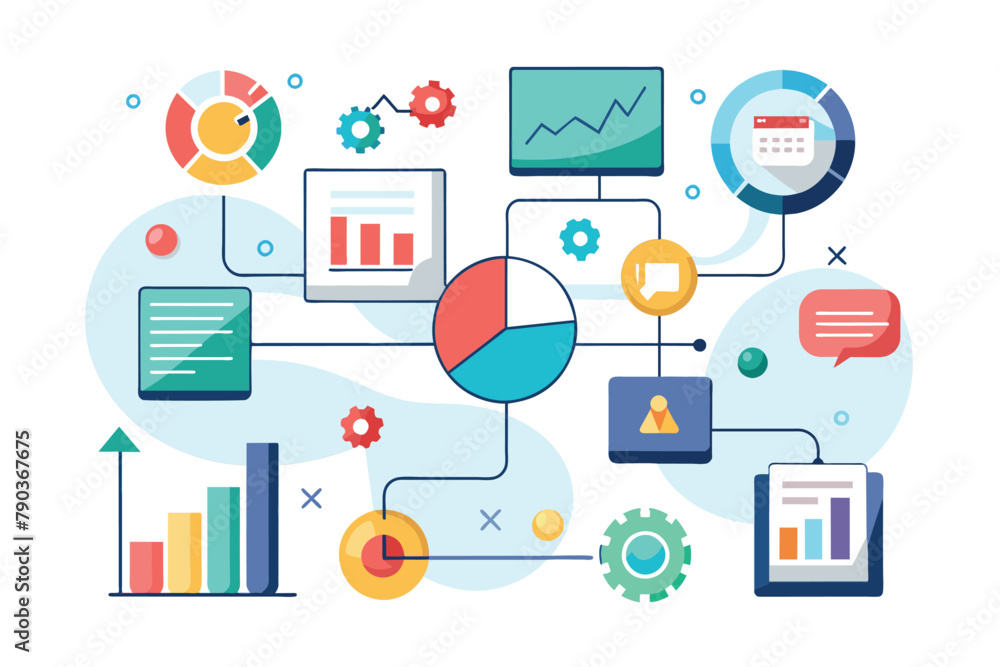 Poster pie chart displaying data along with multiple icons representing different categories, business diag