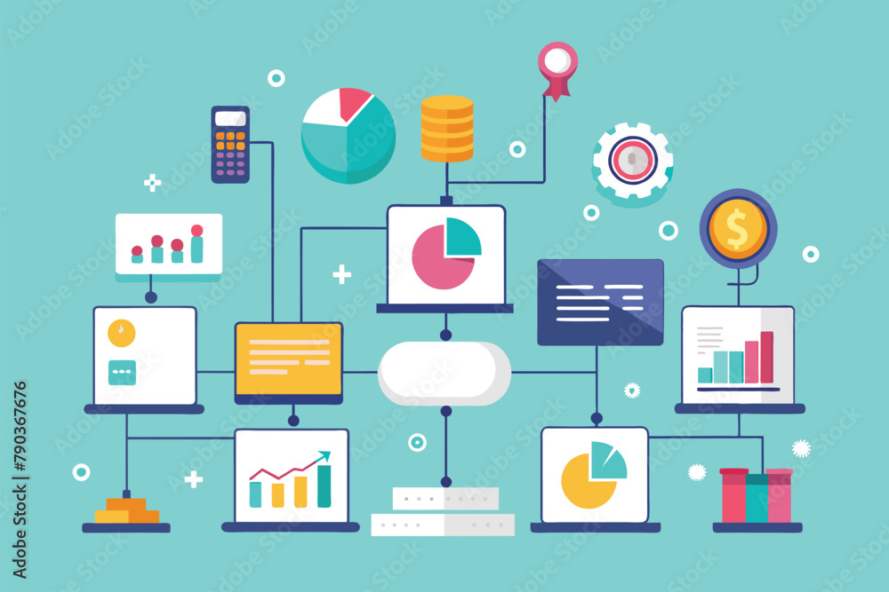 Poster various items scattered on a blue background, creating a colorful and dynamic composition, business 