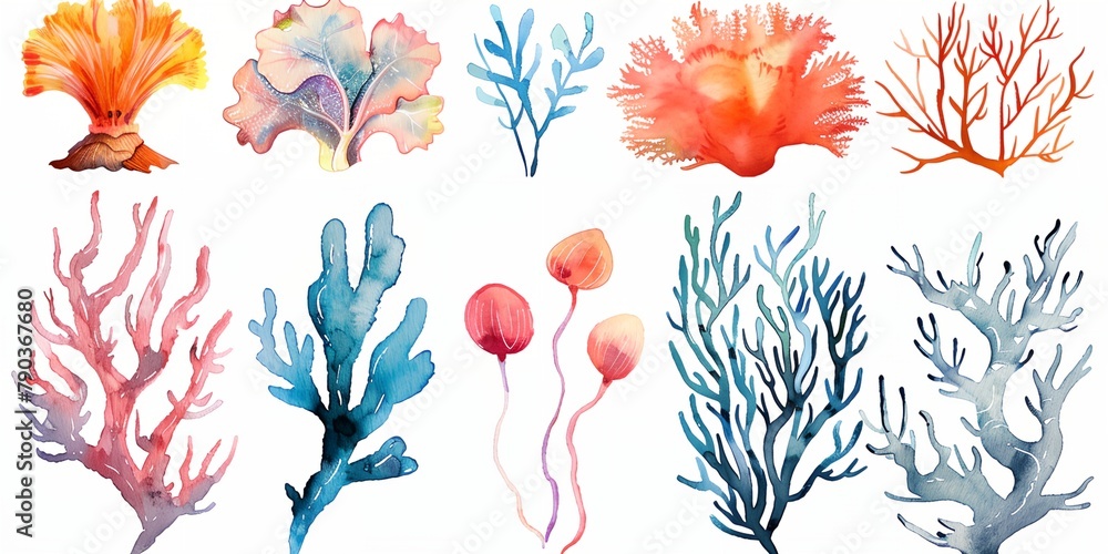 Wall mural Watercolor corals and seaweed set, collection sea themed clip art - Wall murals
