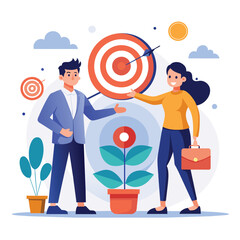 A man and a woman are holding a dart and a target, Business cooperation for target designing trending, Simple and minimalist flat Vector Illustration