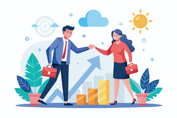 A man and woman shake hands over a chart during a business meeting discussing cooperation to increase profits, Business cooperation to increase profits, Simple and minimalist flat Vector Illustration