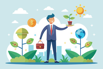 Fototapeta premium A man holding a tray with a plant on it outdoors, business ethics in nature or profit, Simple and minimalist flat Vector Illustration