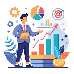 A man is standing in front of a bar chart, analyzing business growth data, Business growth analysis and management, Simple and minimalist flat Vector Illustration