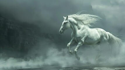 Obraz na płótnie Canvas Majestic white horse running through mist - A powerful white horse gallops freely through a mystical mist, embodying strength and elegance in motion