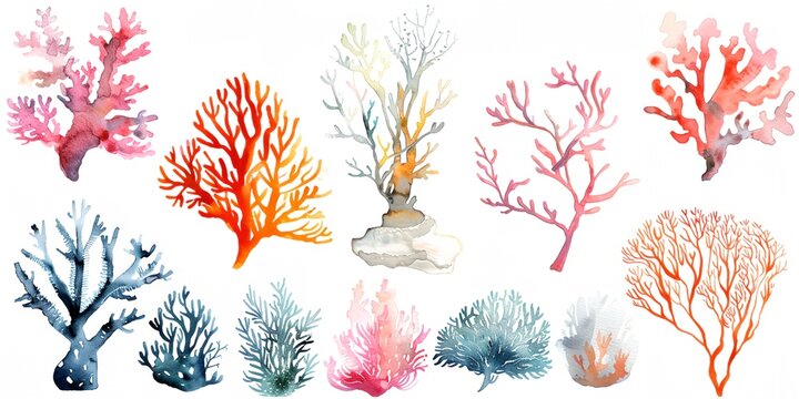 Watercolor corals and seaweed set, collection sea themed clip art