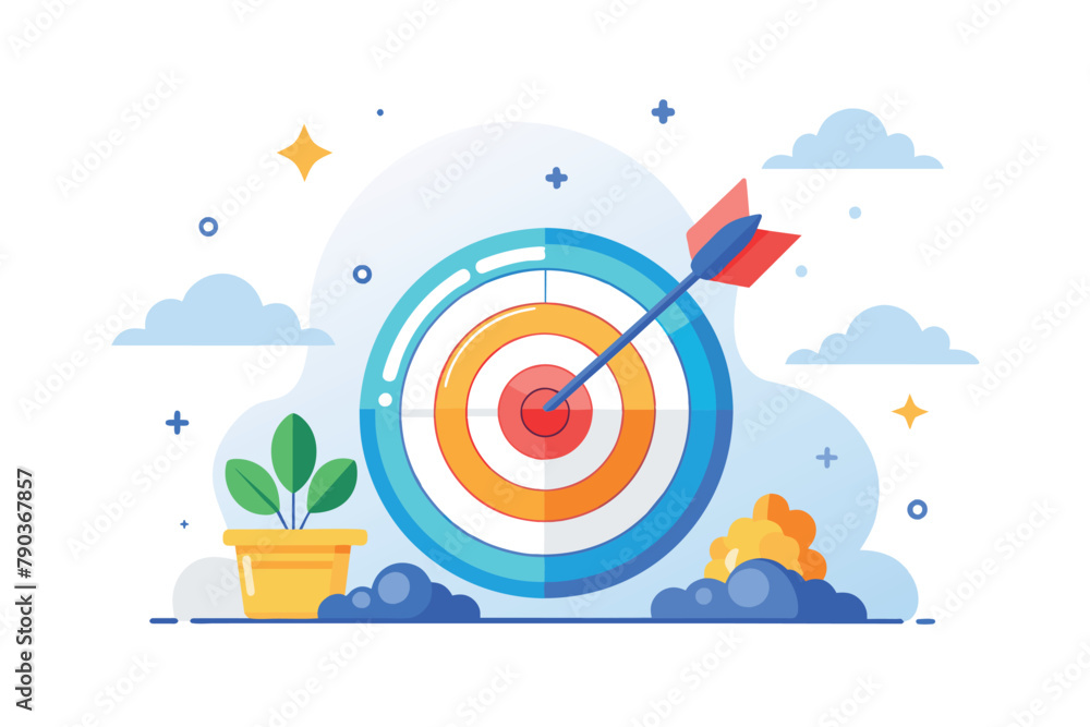 Poster a dart successfully hitting the center of a target in a simple and minimalist design, business launc