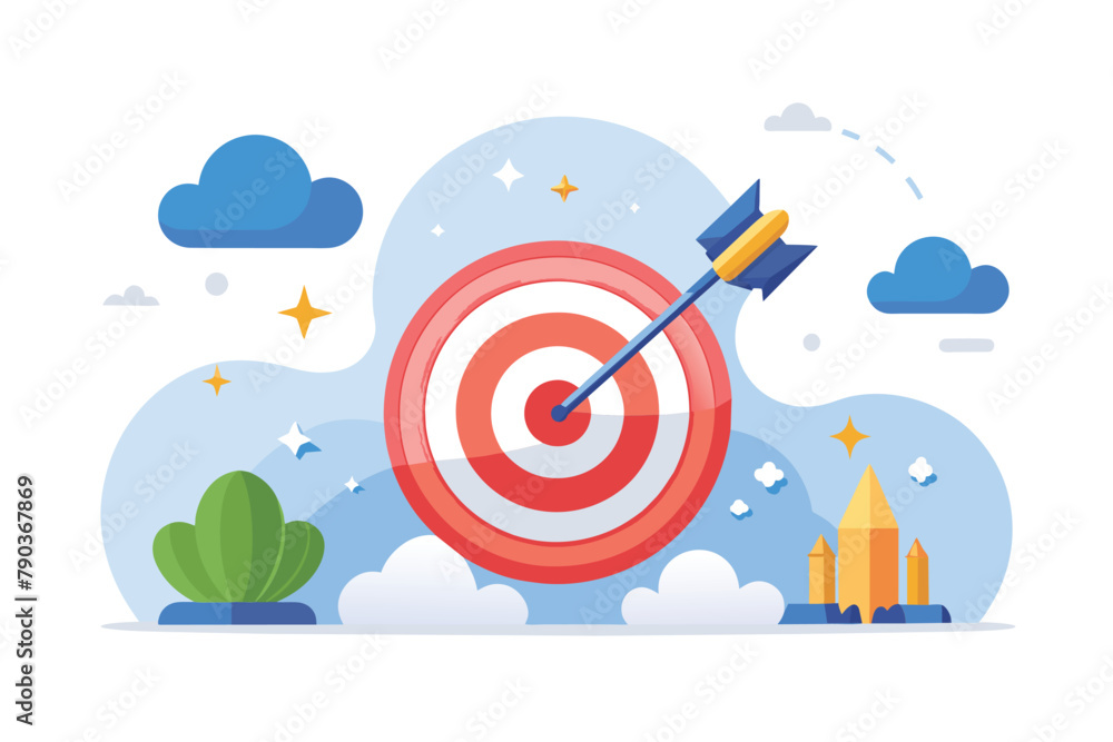 Poster a dart successfully hits the center of a target, achieving a bullseye in a simple and minimalist des