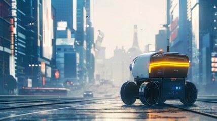 Naklejka premium Futuristic robot taxi in urban cityscape - A self-driving robot taxi with glowing lights traverses an illuminated, busy city street at dusk