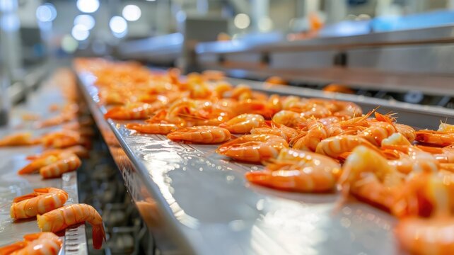 Seafood factory conveyor belt with prawns - A seafood factory's conveyor belt strategizes the placement of prawns, exemplifying the seafood processing industry