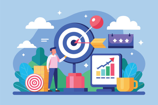 A man holds a dart aiming at a bulls eye on a computer screen, Business marketing targeting, Simple and minimalist flat Vector Illustration