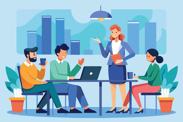 A group of individuals sitting around a table, engaged in a meeting, with a laptop open in front of them, business people conduct meetings, Simple and minimalist flat Vector Illustration
