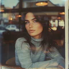 Vintage Polaroid Style Portrait of a Woman by the Window, Light Leaks, Scratches, Vintage Capture of a Beautiful Woman

