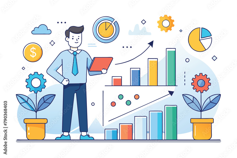 Poster a man stands in front of a bar chart showing business performance and investment data analysis, busi