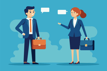 Obraz premium Two business people, a man, and a woman, are engaged in a conversation as they stand together, business people who discuss and briefcase, Simple and minimalist flat Vector Illustration