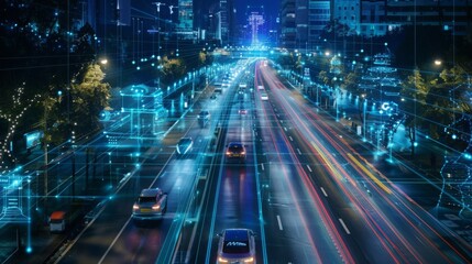 Smart transport technology concept for future car traffic on road . Virtual intelligent system makes digital information analysis to connect data of vehicle on city street