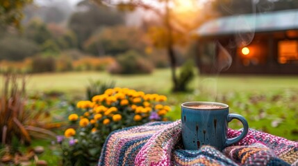 A cup of coffee on a blanket in front of the house, AI - obrazy, fototapety, plakaty