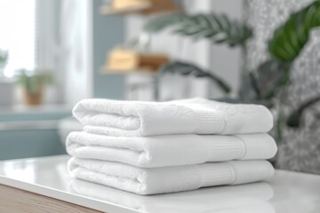 White clean towels on table in bathroom, laundered towels