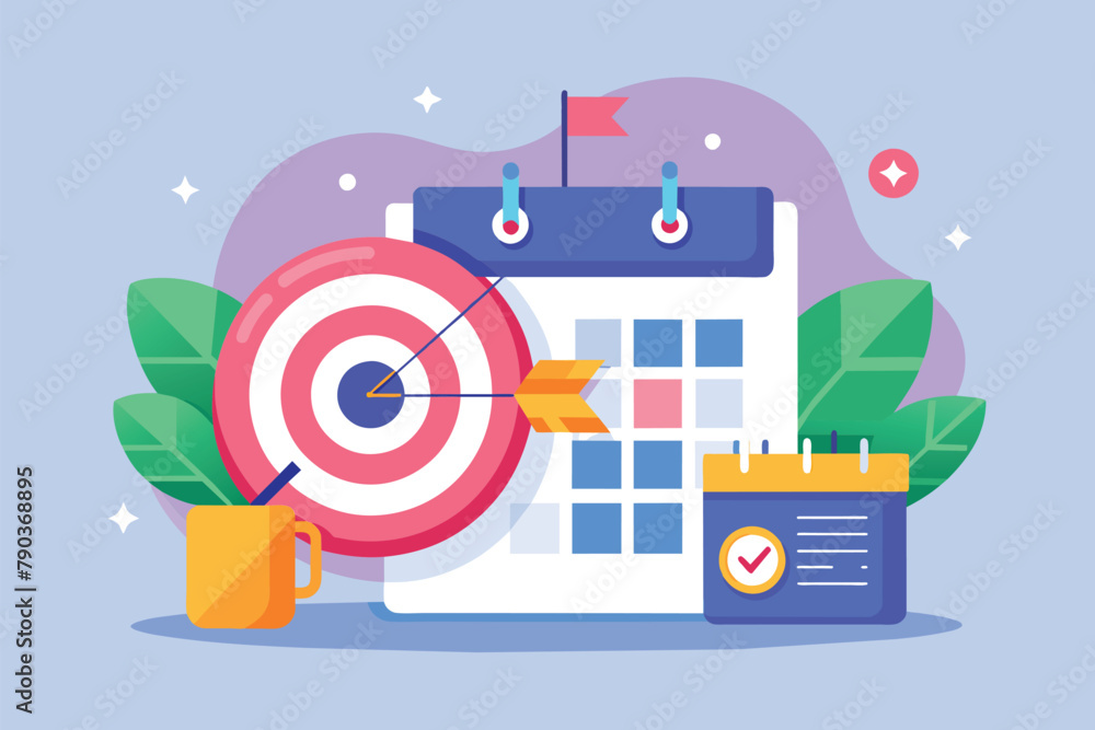 Poster a calendar with a dart stuck on a date and a cup of coffee next to it, business target with calendar