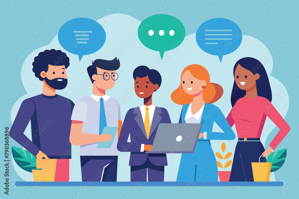 Poster a group of business team members standing and discussing together around a laptop, business team com