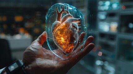 ffuturistic digital x-ray of a Heart in doctor hand - obrazy, fototapety, plakaty
