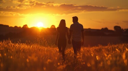 Couple walking during golden sunset in field - A warm and romantic scene of a couple holding hands while walking through a field during a golden sunset