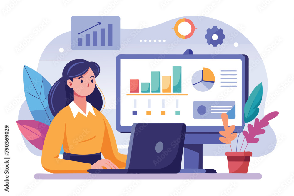 Poster a woman is focused on analyzing data on a computer screen in an office setting, business woman analy