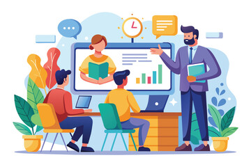 A man presenting to a group of people in a business training session with a large screen concept, Business training with big screenconcept flat illustration