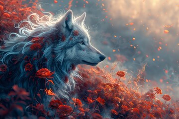 Whimsical fantasy wolf in the meadow of red flowers, digital art illustration 