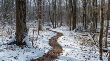 Snowy forest trail: A winding trail leads through a snowy forest, inviting hikers to explore the tranquil beauty of nature in winter's embrace