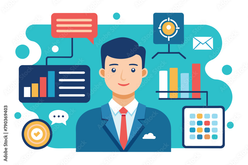 Poster a man dressed in a suit and tie standing among various icons representing data input and technology,
