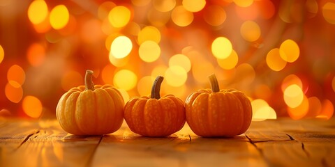 Naklejka na ściany i meble Festive autumn decor of pumpkins, on wooden table. Wide banner concept of Thanksgiving day or Halloween